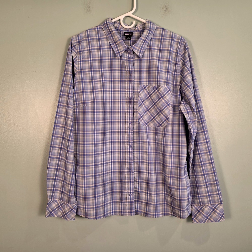 Patagonia Women XL Purple/Blue Plaid Long Sleeve Button Down Hiking Shirt 53540